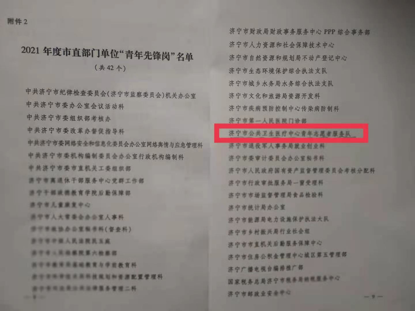 济宁市公共卫生医疗中心青年志愿者服务队获2021年度市直部门单位“青年先锋岗” 荣誉称号 济宁市公共卫生医疗中心青年志愿者服务队获2021年度市直部门单位“青年先锋岗” 荣誉称号